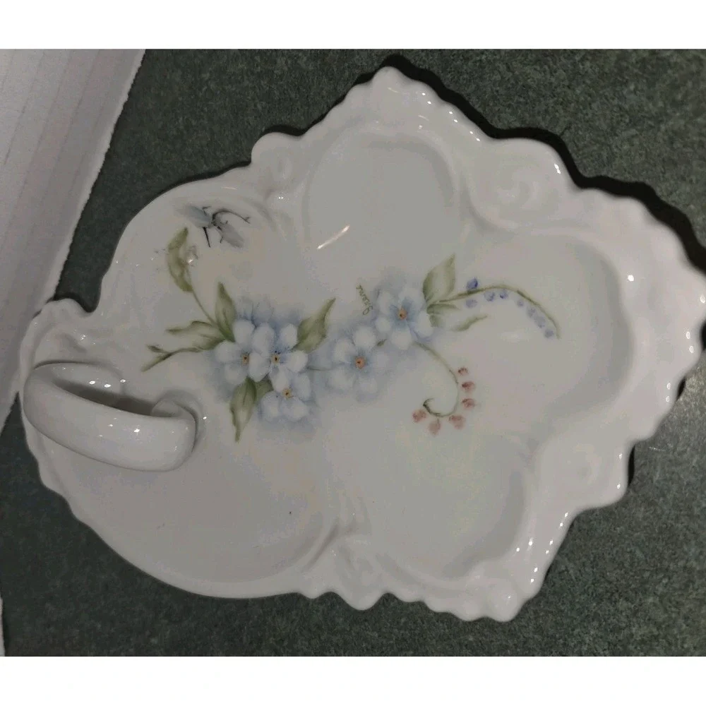 VTG Porcelain Hand Painted Blue Floral Handled Nappy/Trinket Tray Signed Irene